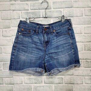 Madewell Womens 26 Mid-Rise Denim Shorts in Medium Wash Cuffed Raw Frayed Hem‎